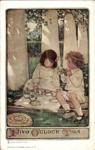 Künstler Ak Kinder trinken Tee, Teetasse