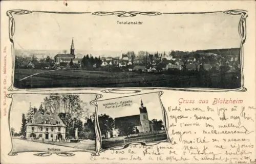 Ak Blotzheim Elsass Haut Rhin, Gesamtansicht, Rathaus, Wallfahrts-Kapelle
