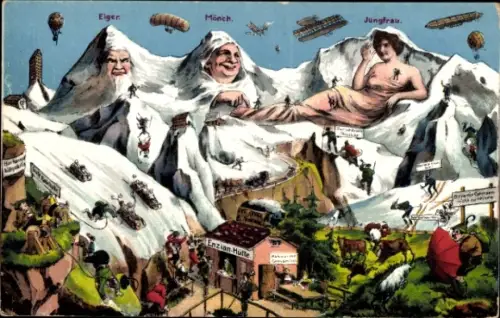 Ak Kanton Bern, Enzian Hütte, Berggesichter, Zeppelin, Ballon, Eiger, Mönch, Jungfrau