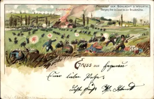 Künstler Litho Wœrth Wörth an der Sauer Elsass Bas Rhin, Moment der Schlacht, Bruckmühle, Soldaten