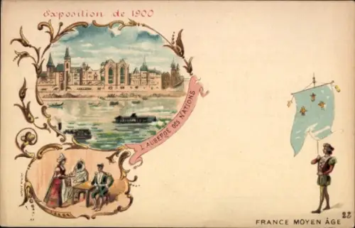 Litho Weltausstellung Paris 1900, Auberge des Nations, Frankreich im Mittelalter, Standartenträger