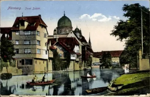 Ak Nürnberg in Mittelfranken Bayern, Bootstour an der Insel Schütt, Synagoge