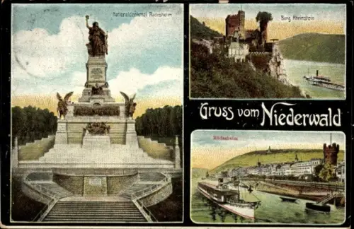 Ak Rüdesheim am Rhein, Nationaldenkmal Rudesheim, Burg Rheinstein, Schiffe auf dem Rhein