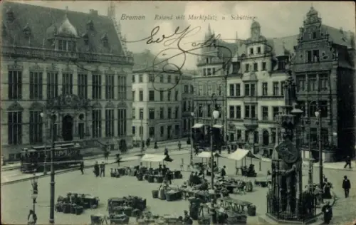 Ak Hansestadt Bremen, Roland mit Marktplatz, Schütting