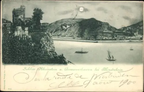 Ak Assmannshausen Rüdesheim am Rhein, Schloss Rheinstein, Assmannshausen, Mondschein, Flussboote,