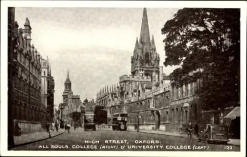 Ak Oxford Oxfordshire England, Hochstraße,  All Souls College, University College, Schwarz-Weiß-F