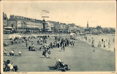Ak Weymouth South West England, Strand von  viele Menschen, Sand, Meer, Küstenlinie