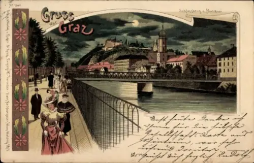 Litho Graz Steiermark, Schlossberg, Murquai, Mondschein