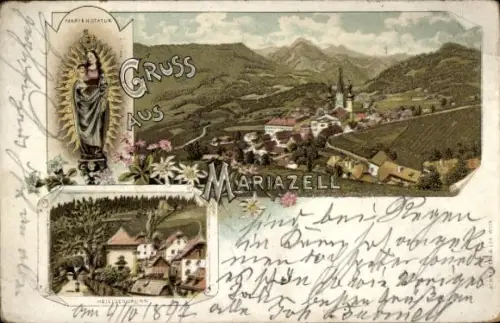 Litho Mariazell Steiermark, Gesamtansicht, Marienstatue