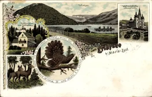 Litho Mariazell Steiermark, Erlaufsee, Erlafsee, Restauration zum Herrenhaus, Wallfahrtskirche