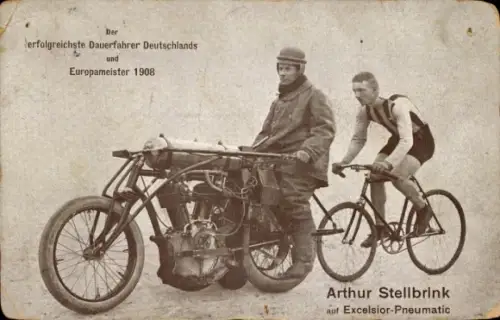 Ak Bahnrad-Dauerfahrer Arthur Stellbrink, Excelsior Pneumatic, Europameister 1908, Schrittmacher