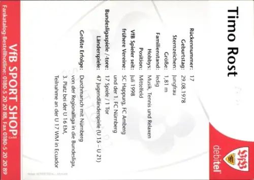 Autogrammkarte Fußballer Timo Rost, VfB Stuttgart, Autogramm