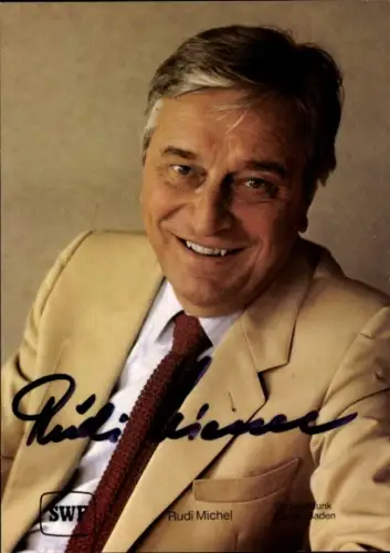 Autogrammkarte Moderator Rudi Michel, Portrait, Autogramm