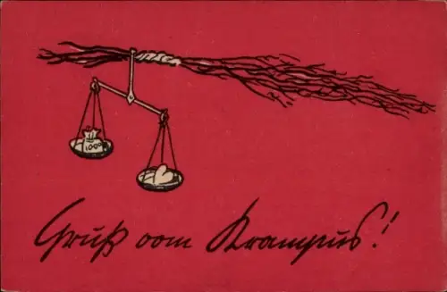 Ak Gruß vom Krampus, Rute, Waage mit einem Geldsack und einem Herzen