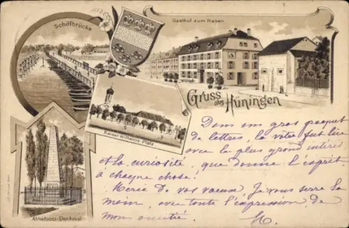 Litho Huningue Hüningen Elsass Haut Rhin, Gasthof zum Raben, Schiffbrücke, Kaiser Wilhelms-Platz