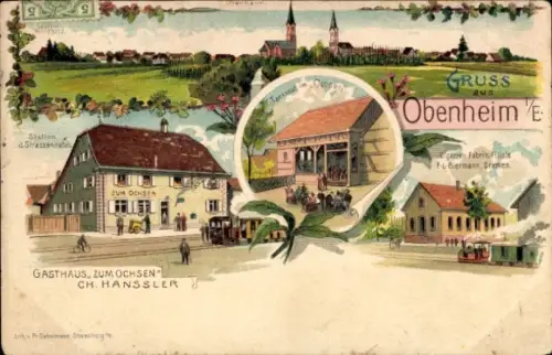Litho Obenheim Elsass Bas Rhin, Gesamtansicht, Gasthaus zum Ochsen, Tanzsaal, Cigarren Fabrik