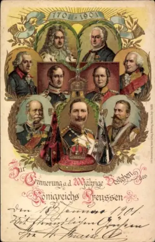 Litho Erinnerung an das 200 jährige Bestehen Königreichs Preußen, 1701-1901, Kaiser Wilhelm II