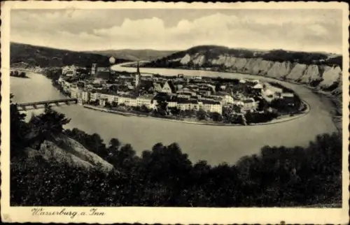 Ak Wasserburg am Inn Oberbayern, Panorama von  Fluss, Stadtansicht