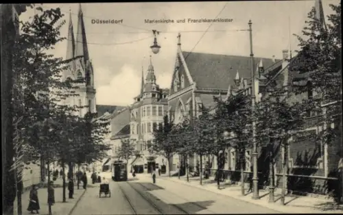 Ak Düsseldorf am Rhein,  Marienkirche, Franziskanerkloster, Straßenbahn
