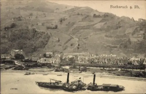 Ak Bacharach am Rhein, Bacharach am Rhein, Schiffe, Weinberge, Landschaft