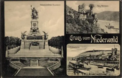 Ak Rüdesheim am Rhein, Nationaldenkmal Rudesheim, Burg Rheinstein, Gruss vom Niederwald, Rüdeshei