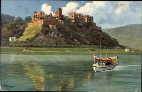 Ak Steeg Bacharach am Rhein, Ruine Burg Stahlberg, Burg auf einem Hügel, Boot auf dem Wasser, ruh