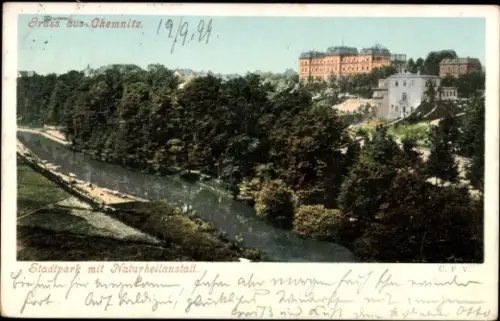 Ak Chemnitz in Sachsen, Stadtpark mit Naturheilanstalt,  Fluss, Bäume, Landschaft