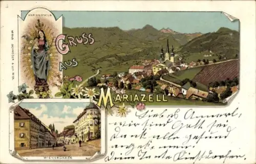 Litho Mariazell Steiermark, Gesamtansicht, Marienstatue, Wienergasse