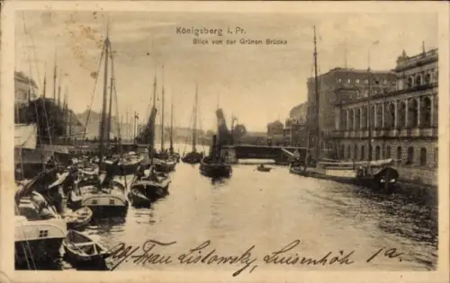 Ak Kaliningrad Königsberg Ostpreußen, Königsberg i. Pr., Blick von der Grünen Brücke, Boote, Wass
