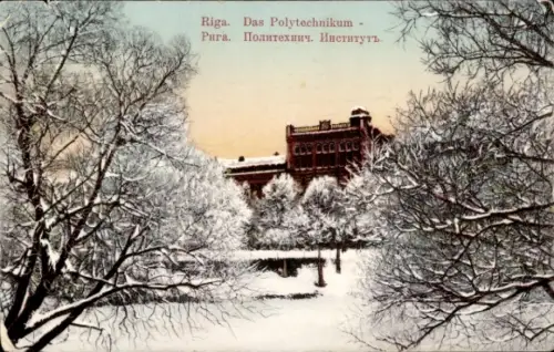 Ak Riga Lettland,  Das Polytechnikum, Schnee, Bäume, Winterlandschaft