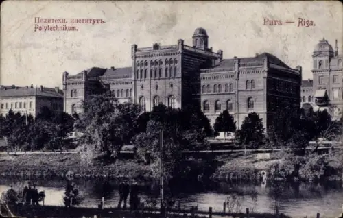 Ak Riga Lettland, Polytechnikum,  Wasser, Bäume, Schwarz-Weiß