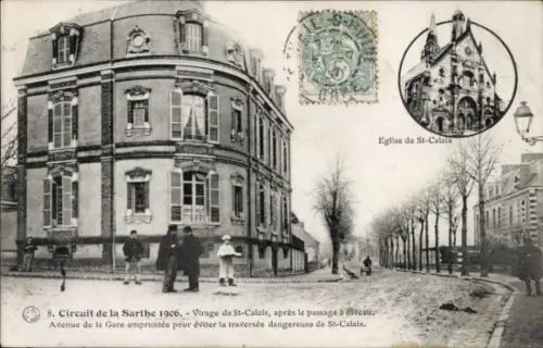 Ak Saint Calais Sarthe, Circuit de la Sarthe 1906, Virage de St. Calais, L'Eglise