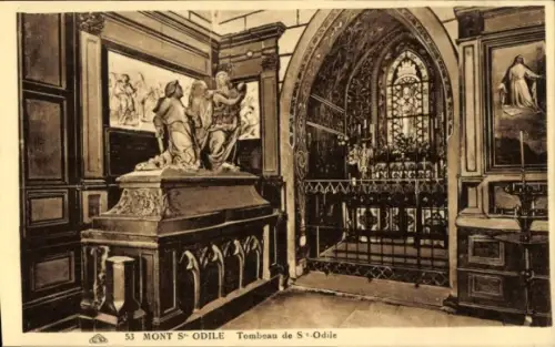 Ak Obernai Elsass Bas Rhin, Odilienberg Mont Sainte Odile, Tombeau de S-Odile, Statue, Glasfenste