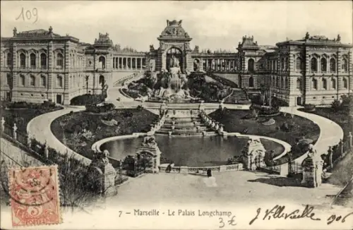 Ak Marseille Bouches du Rhône, Palais Longchamp,  Brunnen, Gartenanlage, 1906