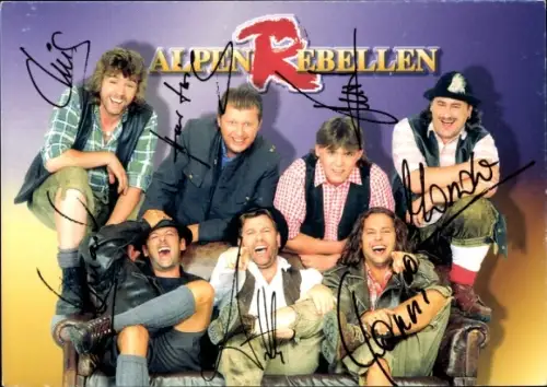 Autogrammkarte Musikgruppe Alpen Rebellen, Portrait, Autogramme