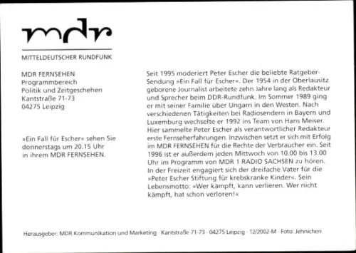 Autogrammkarte Moderator Peter Escher, Portrait, Autogramm