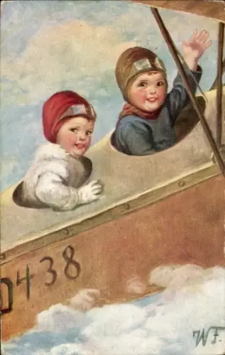 Künstler Ak Fialkowska, W., Kinder im Flugzeug, Porträt
