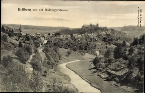 Ak Kyllburg in der Eifel, Kyllburg von der Malbergerstrasse, Fluss, Häuser, Burg