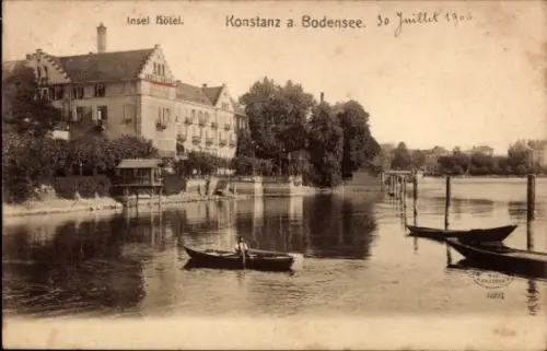Ak Konstanz am Bodensee, Insel Hotel, Konstanz am Bodensee, Boot auf dem Wasser, 1906