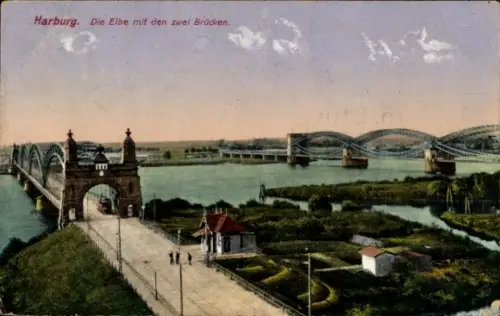 Ak Hamburg Harburg, Elbe mit den zwei Brücken