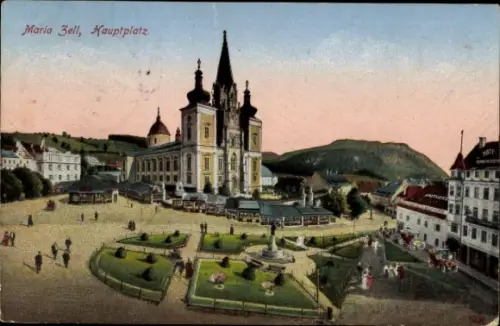 Ak Mariazell Steiermark, Mariazell Hauptplatz, Gebäude, Menschen, Park, Landschaft