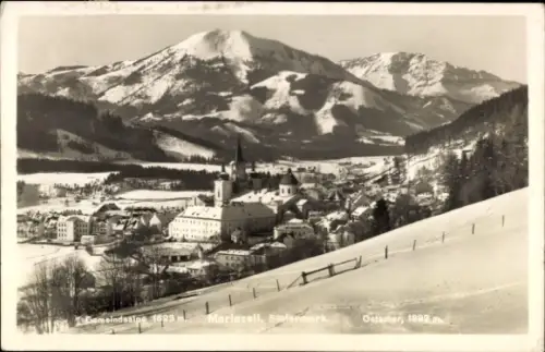 Ak Mariazell Steiermark, Berglandschaft,  Schnee, Kirche, Gemeindealpe