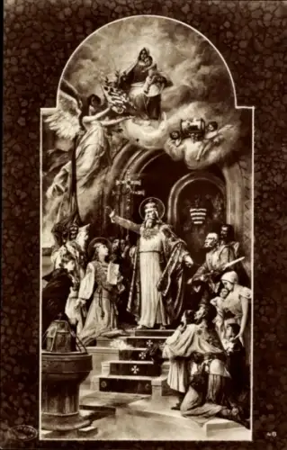 Ak Budapest Ungarn, Darstellung von St. Stephan, königliches Palais, Kapelle, Roskovics,  Szene