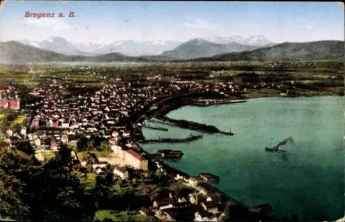 Ak Bregenz am Bodensee Vorarlberg, Landschaftsaufnahme, Bregenz am Bodensee, Berge im Hintergrund