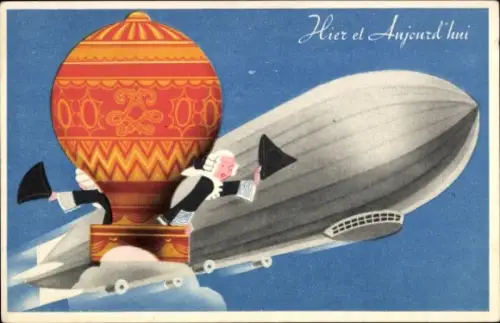 Künstler Ak Gestern und Heute, Ballon, Zeppelin, Luftschiff