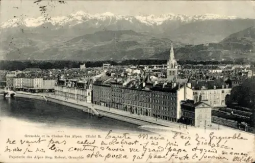 Ak Grenoble Isère,  Kette der Alpen, Flussansicht, Berge im Hintergrund
