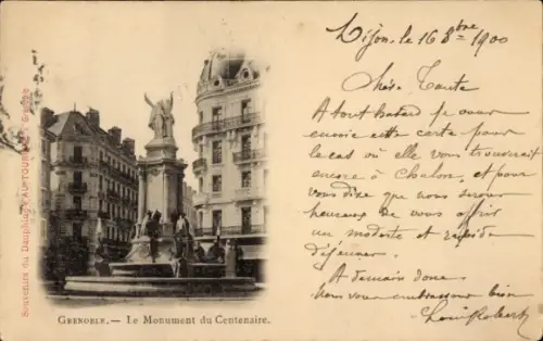 Ak Grenoble Isère, Monument du Centenaire, Statue, Stadtansicht,  1900