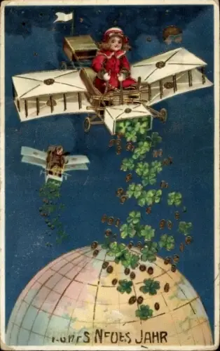 Ak Glückwunsch Neujahr,  Mädchen, Flugzeug, Glücksklee, Geld