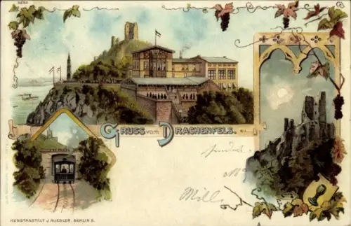 Litho Königswinter am Rhein, Drachenfels, Ruine, Zahnradbahn