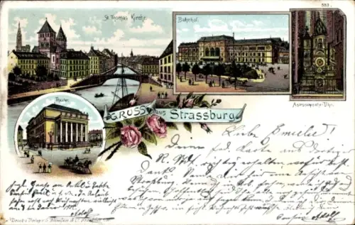 Litho Strasbourg Straßburg Elsass Bas Rhin, St. Thomas Kirche, Bahnhof, Astronomische Uhr, Theater